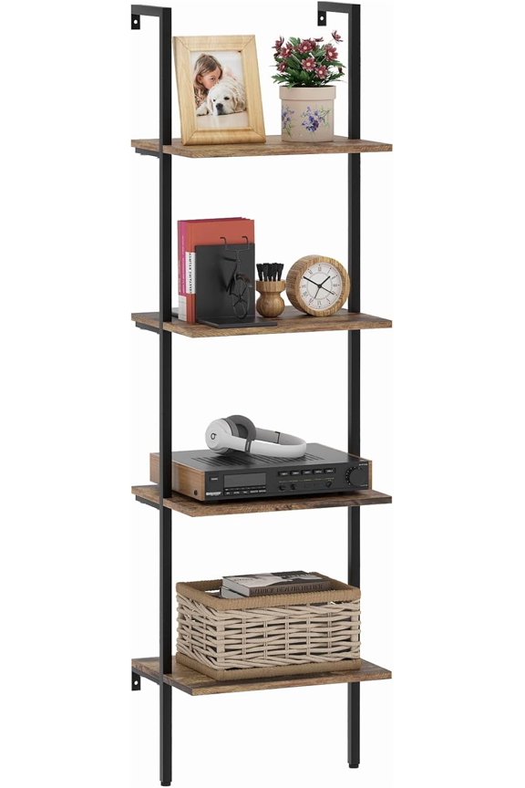 4-Tier Industrial Ladder Shelf, White Marble Wood Open Storage Rack, Metal Frame Wall Mount Display Bookshelf for Bedroom Home Office
