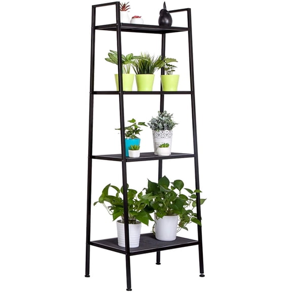 4 Tier Industrial Metal Bookshelf,Modern Ladder Bookcase Storage Organizer,Open Display Storage Rack, Flower Shelves Stand,with Metal Frame,for Home Living Room Kitchen Balcony (Black)