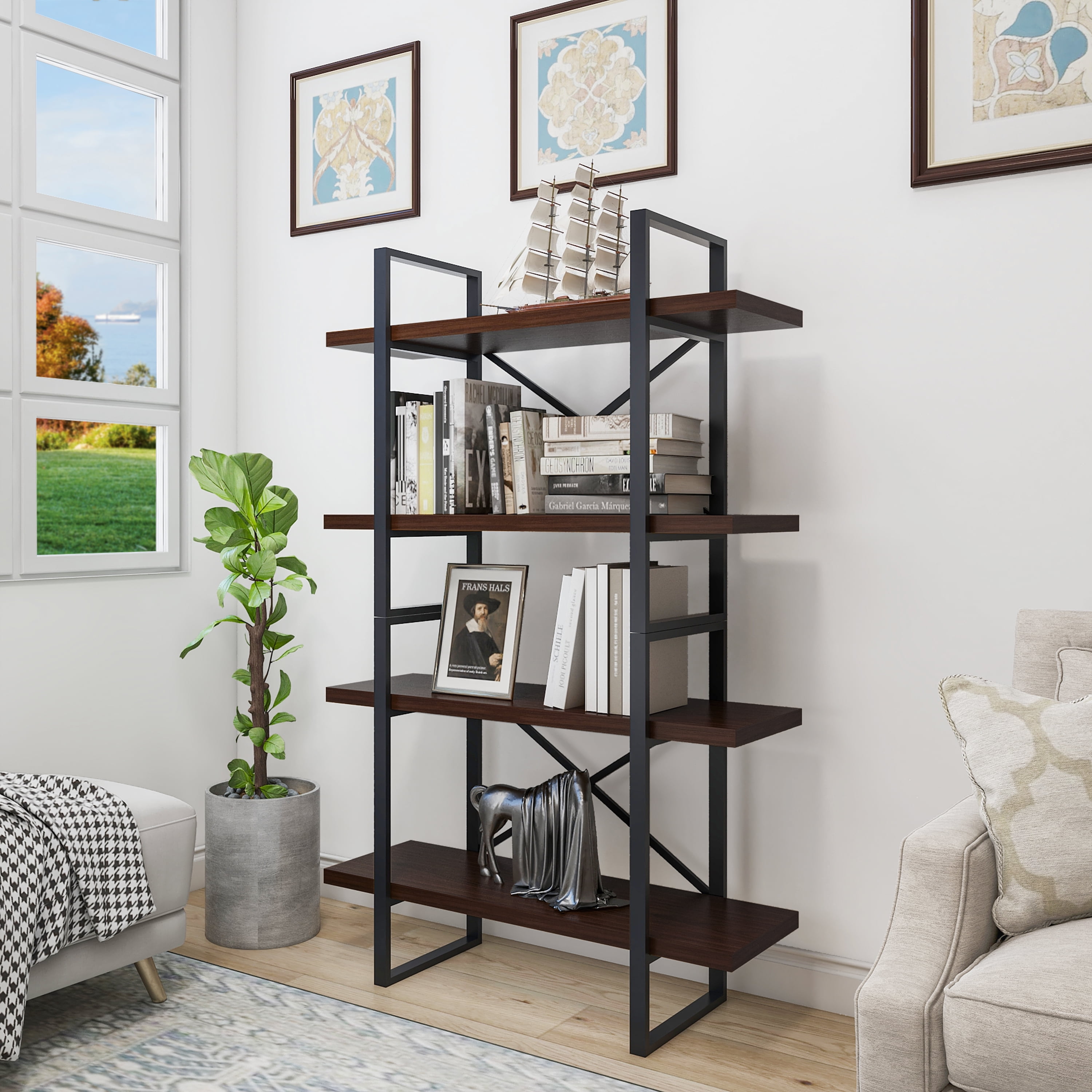 Black Metal Frame 4-Tier Wood Etagere Bookcase