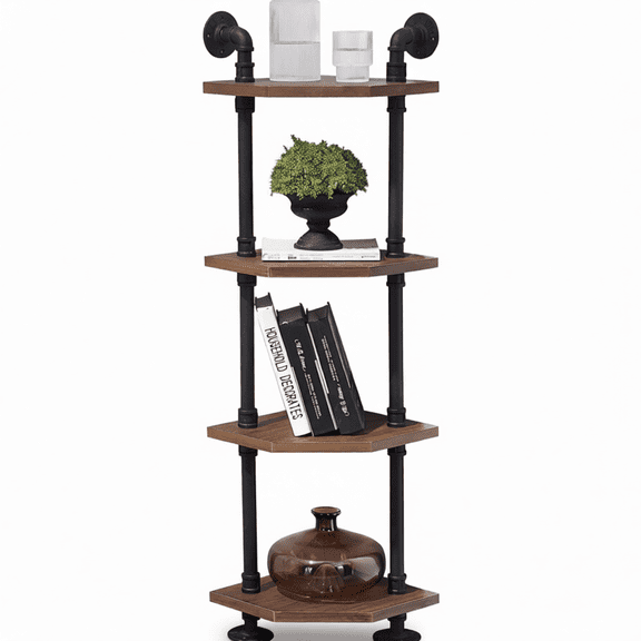 4-Tier Industrial Pipe Corner Bookshelf, Wall Mounted Solid Wood Shelving Unit for Living Room, Home Office, Bedroom - Rustic Brown