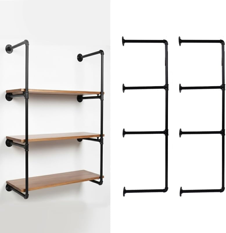 4-Tier Industrial Pipe Shelving Bracket System, Black Iron Wall Mount ...