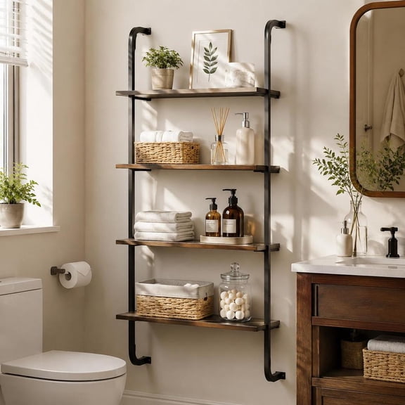4-Tier Industrial Pipe Shelving, Metal Frame, Wall-Mounted Ladder Shelf for Living Room, Kitchen Storage