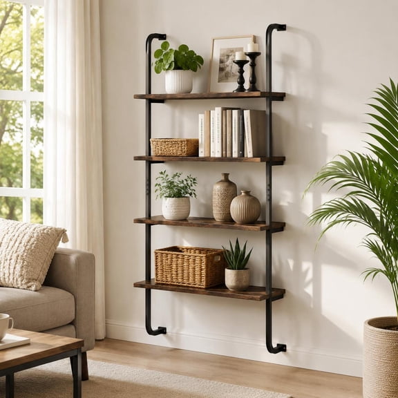 4-Tier Industrial Pipe Shelving, Metal Frame, Wall-Mounted Ladder Shelf for Living Room, Kitchen Storage