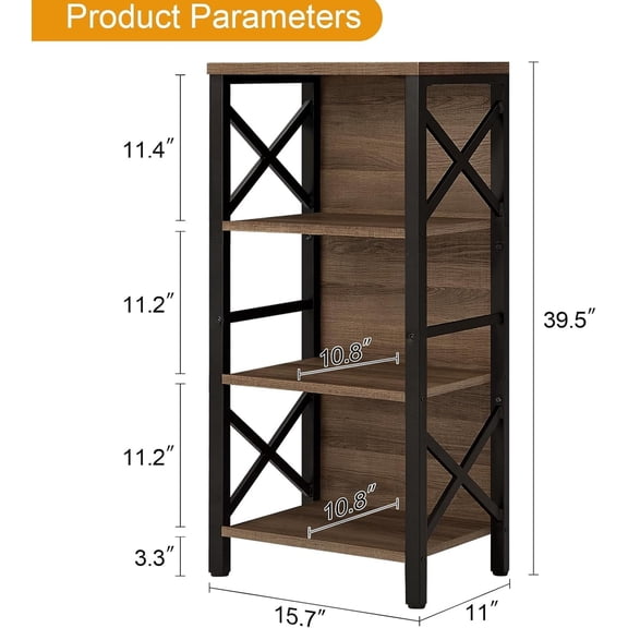4 Tier Industrial Small Bookshelf with Backboard, Rustic Brown Metal Frame Narrow Shelf | Hot Pick | Compact Storage, Multi-Room Organizer for Small Spaces Home Office Bedroom