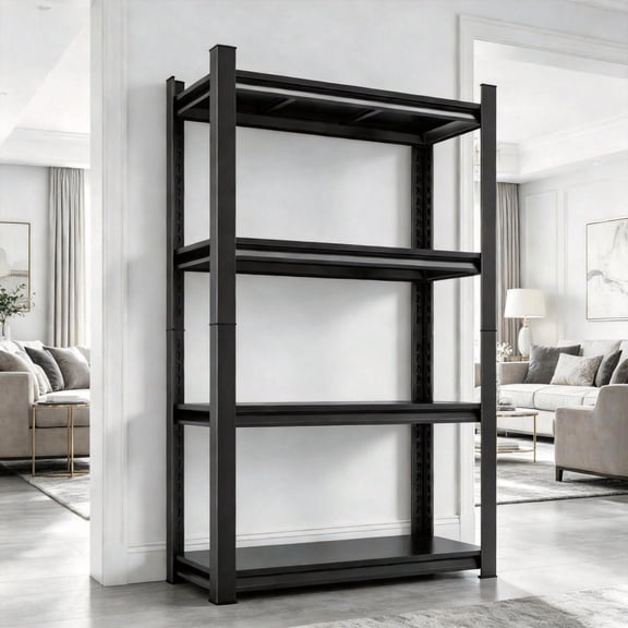 4-Tier Industrial Steel Shelving Unit, Tall Bookshelf, 2000lb, Adjustable Shelves Heavy Duty, Thickened Upright, Easy Assembly, Metal Bookcase for Living Room Kitchen Pantry, Black-20" W×14" D×44" H