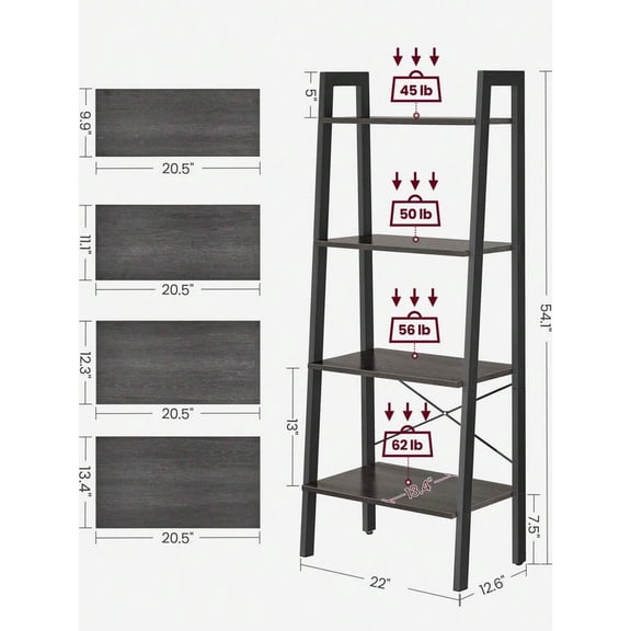 4-Tier Industrial Style Ladder Shelf, Steel Frame Bookcase & Storage Rack for Living Room, Home Office, Kitchen & Bedroom