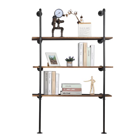 4-Tier Industrial Wall-Mounted Iron Pipe Bracket Bookshelf Frame, DIY Shelving