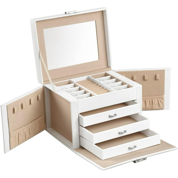 4-Tier Jewelry Box, Lockable Jewelry Organizer with Handle, 3 Drawers, Travel Jewelry Case with Mirror, Jewelry Storage, White
