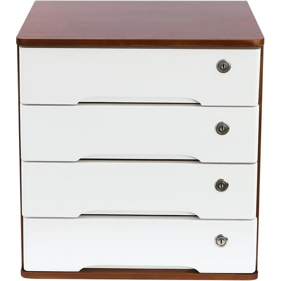 4 Tier Jewelry Box, Wooden Desktop Storage Box with Lockable Drawers, Office Supplies File Organizer, Flat File Cabinet, Art Storage Cabinets, Multipurpose Tool Box(Walnut + White)