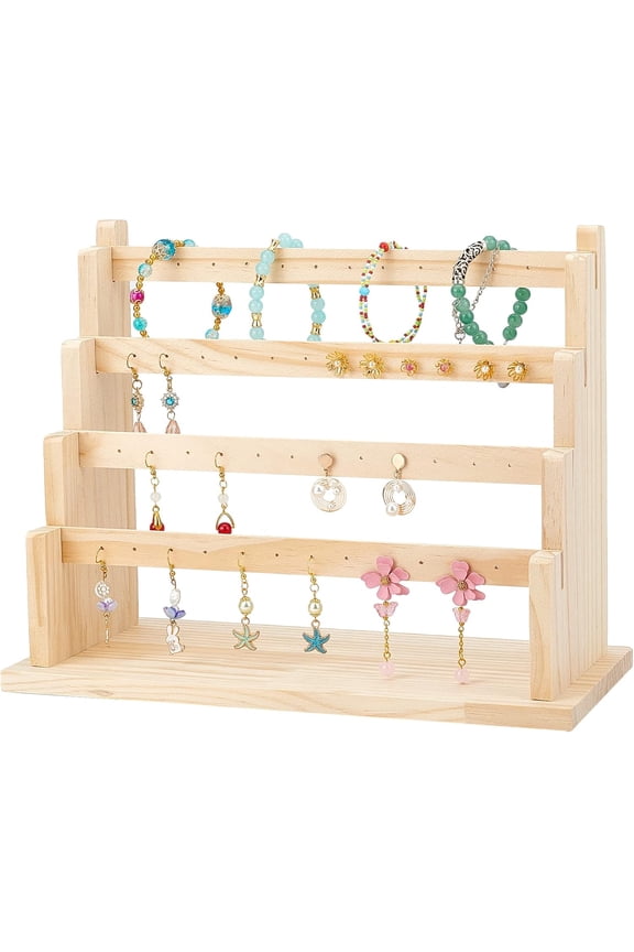 4 Tier Jewelry Display Stand 48 Holes Wood Earring Holder Ear Stud Display Rack Dangle Earring Organizer Jewelry Hanging Holder Stand for Woman Earring Ear Stud Necklace Bracelets