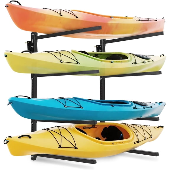 4 Tier Kayak Storage Rack - Heavy Duty Wall Mount Stand with 400 lbs Capacity for Kayaks Canoes Paddle Boards and Surfboards - Black