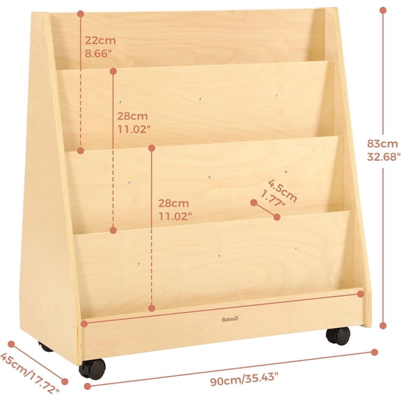 4-Tier Kids Bookshelf, Double-Sided Book Shelf for Kids Rooms, Toddler Book Rack Organizer with Wheels, Wooden Montessori Bookshelf & Book Storage Display for Classroom, Preschool, Nursery