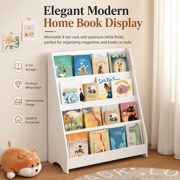 4-Tier Kids Bookshelf, Front-Facing Toddler Book Display, White, 31.5 Inch