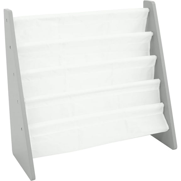 4-Tier Kids Bookshelf, Grey Wood/White - Premium Book Shelf for Kids Rooms with Four Deep Pockets - Toddler Sling Book Rack with Deep Sleeves, Nursery Bookcase Organizer