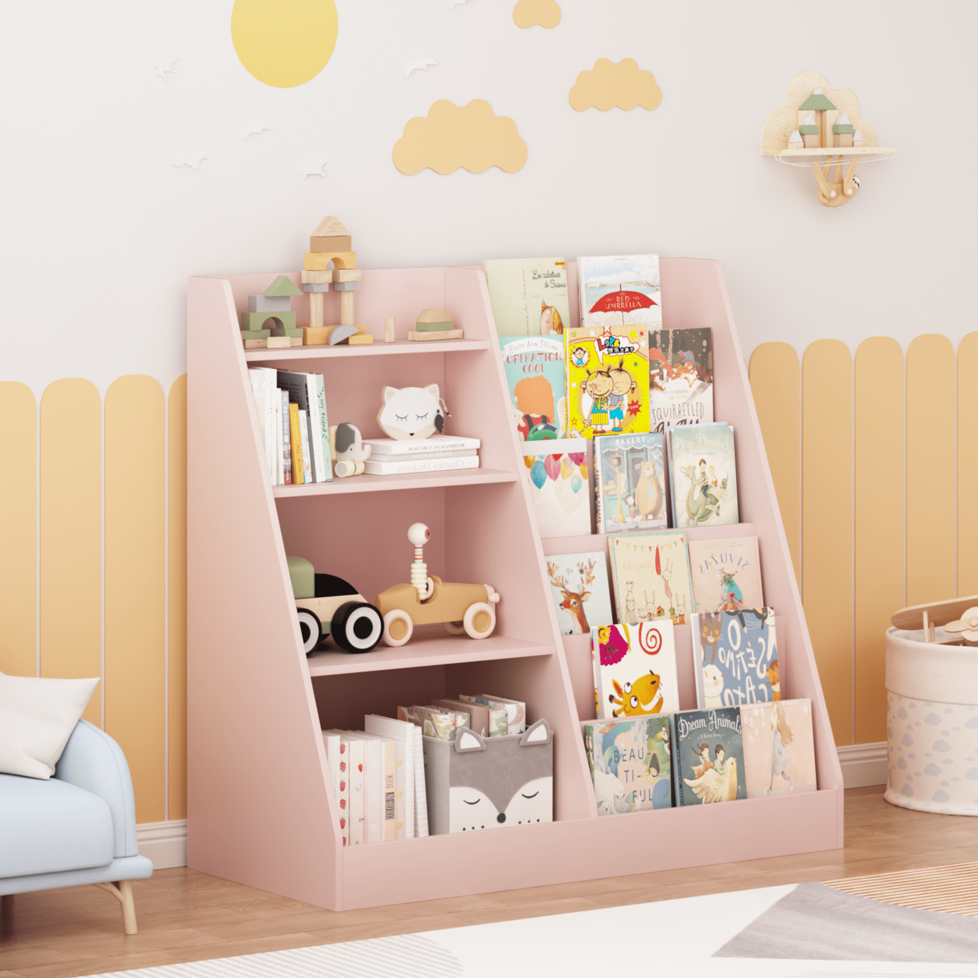 4 Tier Kids Bookshelf, MDF Multifunctional Bookcase Toy Storage Organizer with Anti-Tip Device, Wooden Display Stand for Toddlers, Suitable for Kids Room Playroom Nursery Living Room