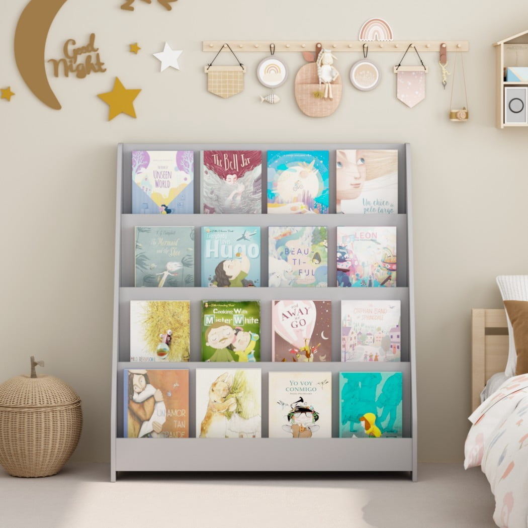 4-Tier Kids Bookshelf, Toddler Book Display Shelves, Wooden Children's Bookcase with Open Storage, Rounded Edges & Tip-Over Restraint for Bedroom, Playroom & Classroom, Gray