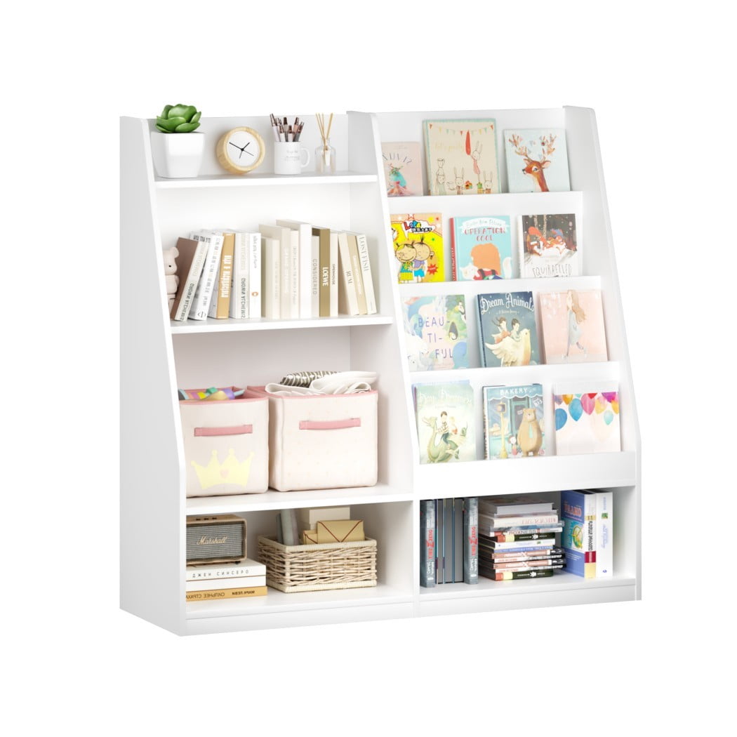 4-Tier Kids Bookshelf and Toy Storage Organizer, Wooden Children's Bookcase with 2 Shelves & Toy Bin, Book Display Stand for Kids Room, Playroom & Nursery, White