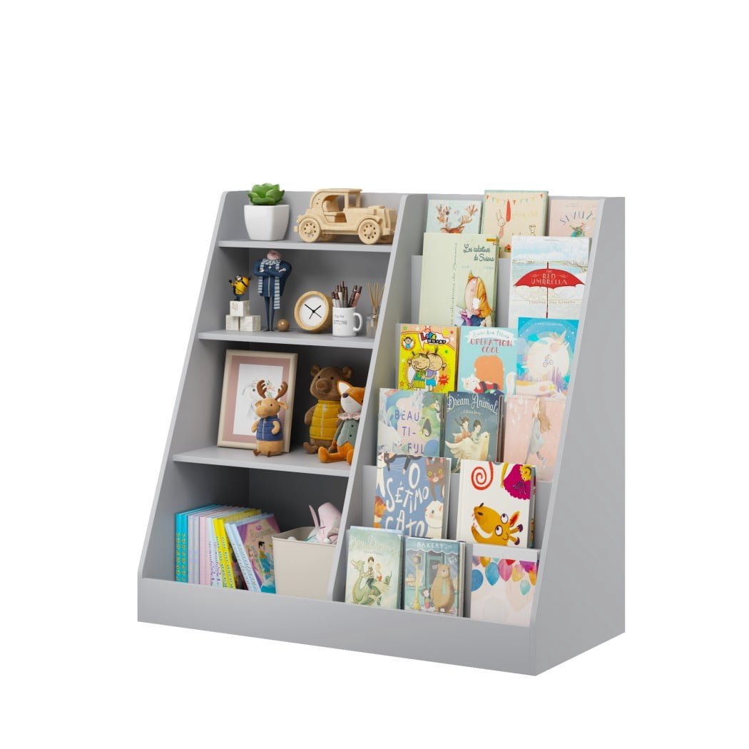 4-Tier Kids Bookshelf and Toy Storage Organizer, Wooden Children's Bookcase with Multi-Level Shelves & Toy Bin, Book Display Stand for Kids Room, Playroom & Nursery, Gray