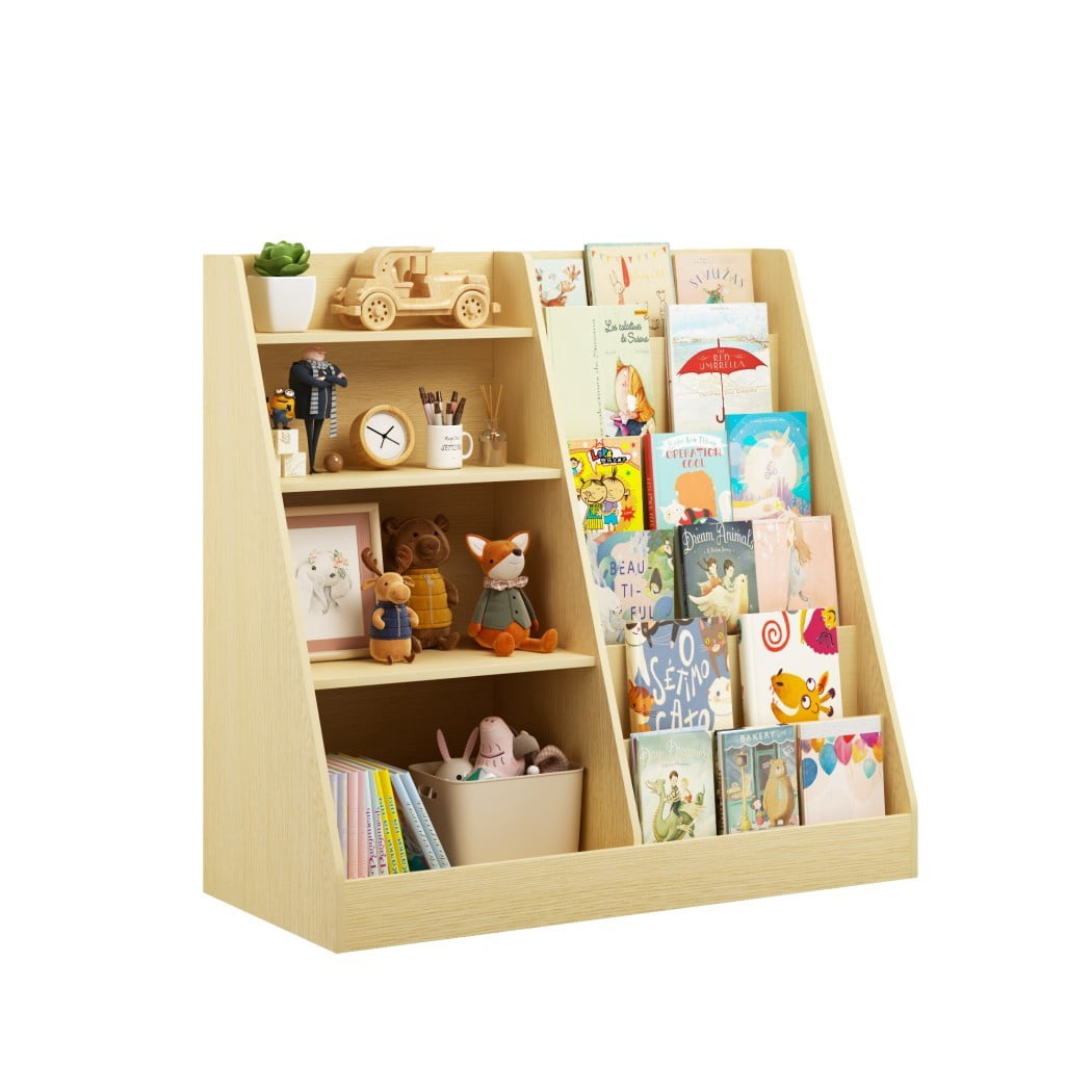 4-Tier Kids Bookshelf and Toy Storage Organizer, Wooden Children's Bookcase with Multi-Level Shelves & Toy Bin, Book Display Stand for Kids Room, Playroom & Nursery, Natural
