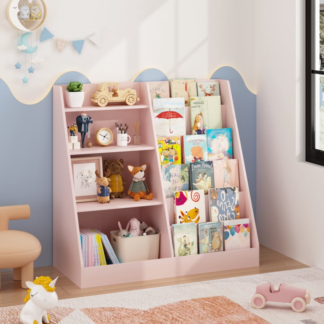 4-Tier Kids Bookshelf and Toy Storage Organizer, Wooden Children's Bookcase with Multi-Level Shelves & Toy Bin, Book Display Stand for Kids Room, Playroom & Nursery, Pink