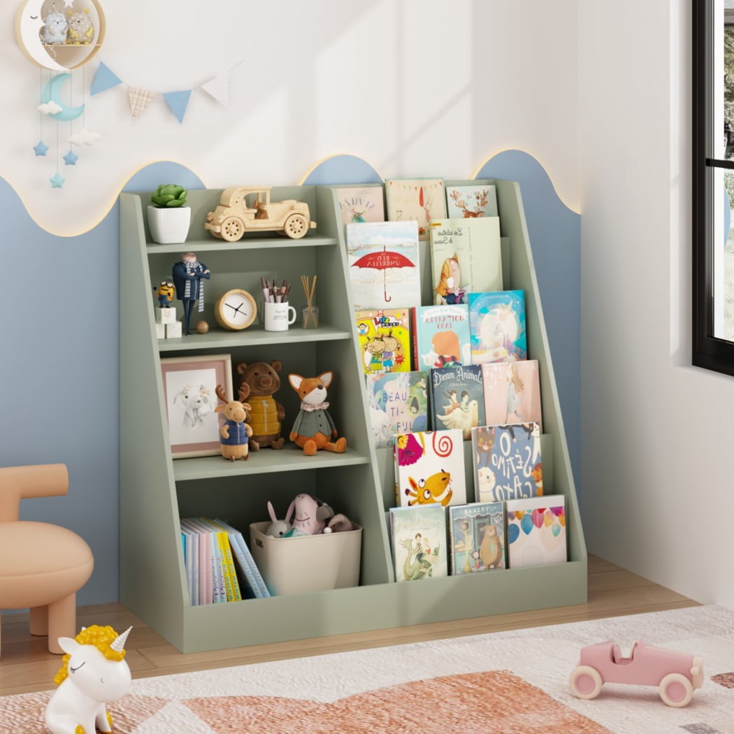 4-Tier Kids Bookshelf and Toy Storage Organizer, Wooden Children's Bookcase with Multi-Level Shelves & Toy Bin, Book Display Stand for Kids Room, Playroom & Nursery, Sage