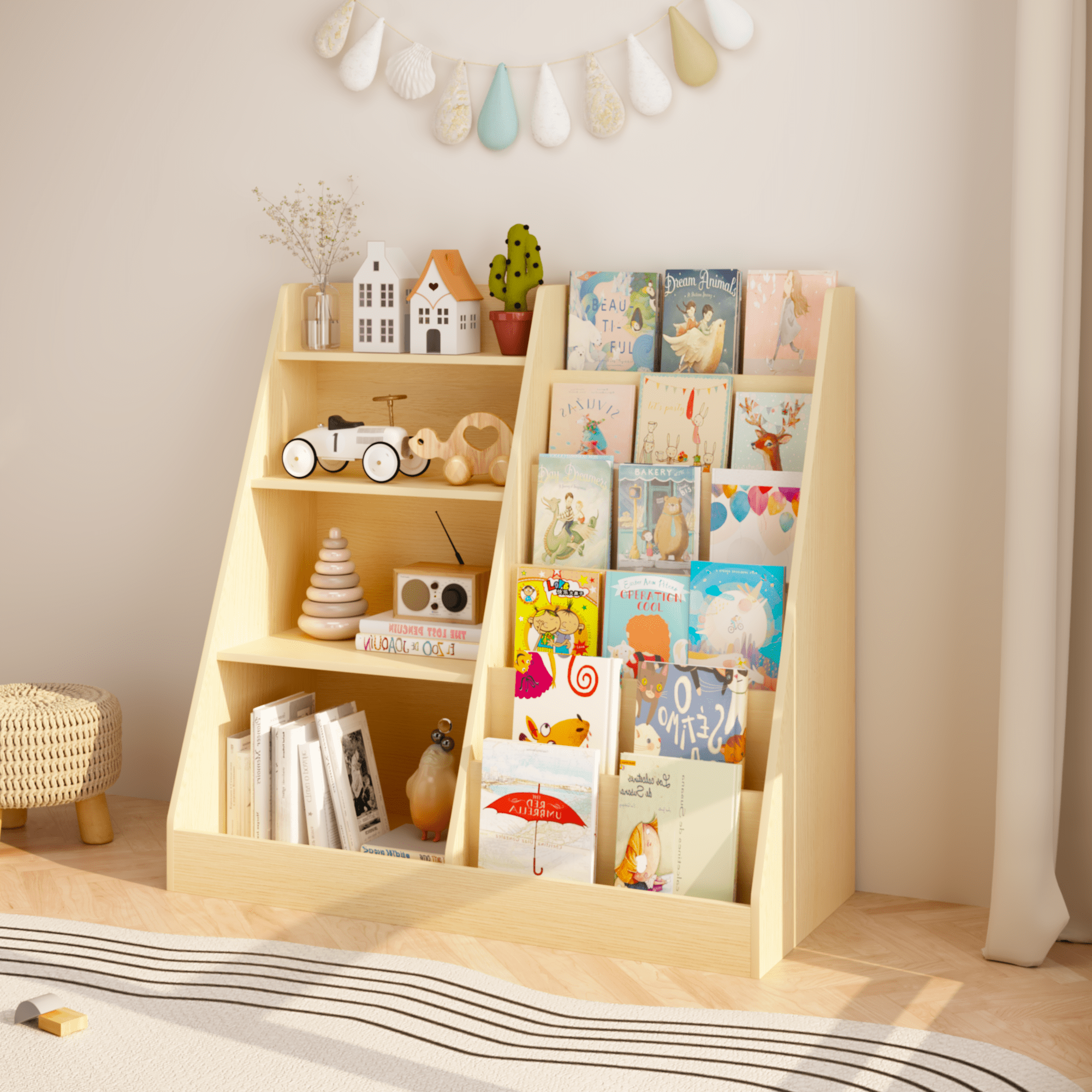4 Tier Kids Bookshelf and Toy Storage Organizer,Multifunctional Wooden Kids Book Shelf with Bookcase Display Stand for Kids Room,Playroom,Natural