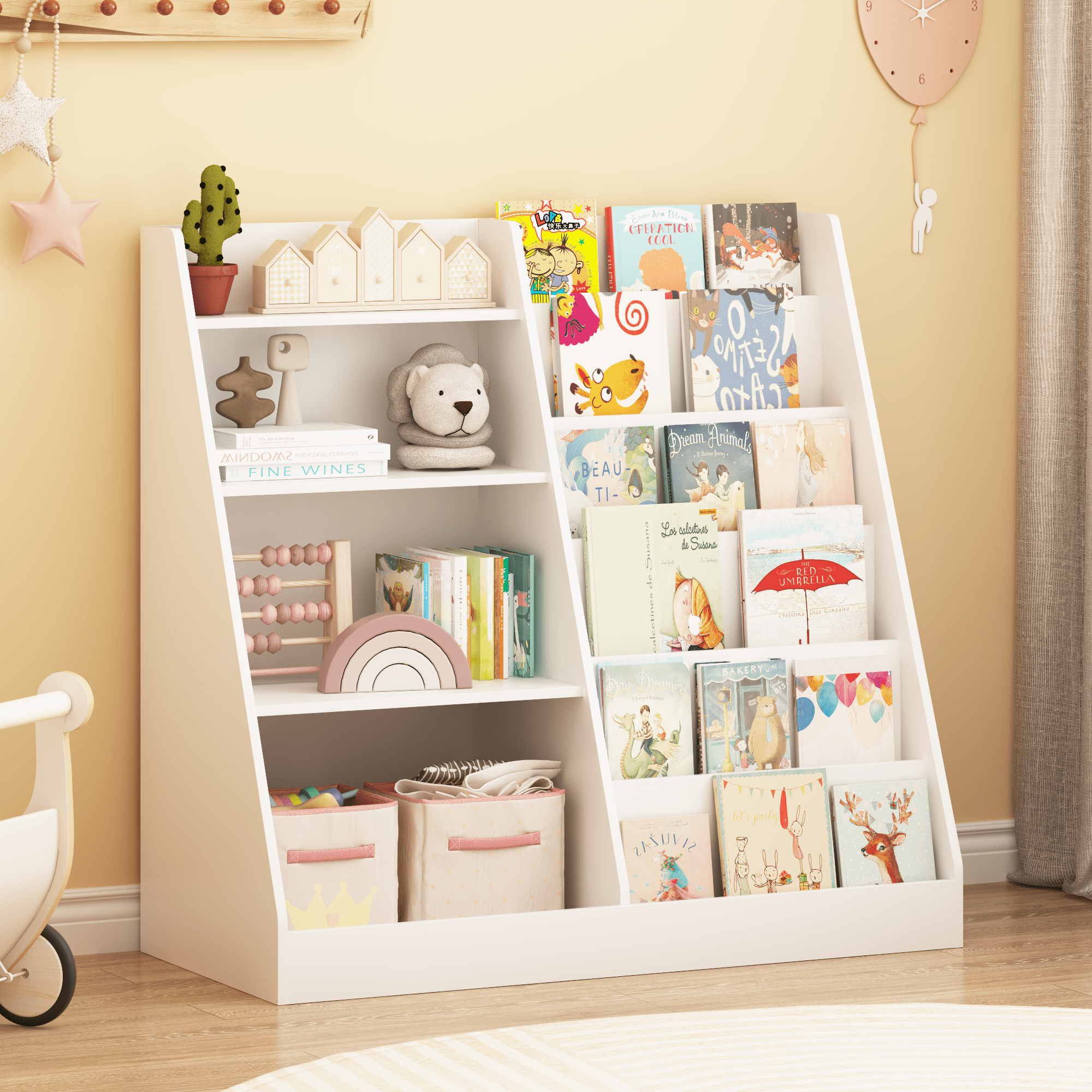 4 Tier Kids Bookshelf and Toy Storage Organizer,Multifunctional Wooden Kids Book Shelf with Bookcase Display Stand for Kids Room,Playroom,White