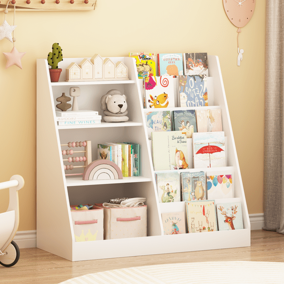 4 Tier Kids Bookshelf and Toy Storage Organizer,Multifunctional Wooden Kids Book Shelf with Bookcase Display Stand for Kids Room,Playroom,White