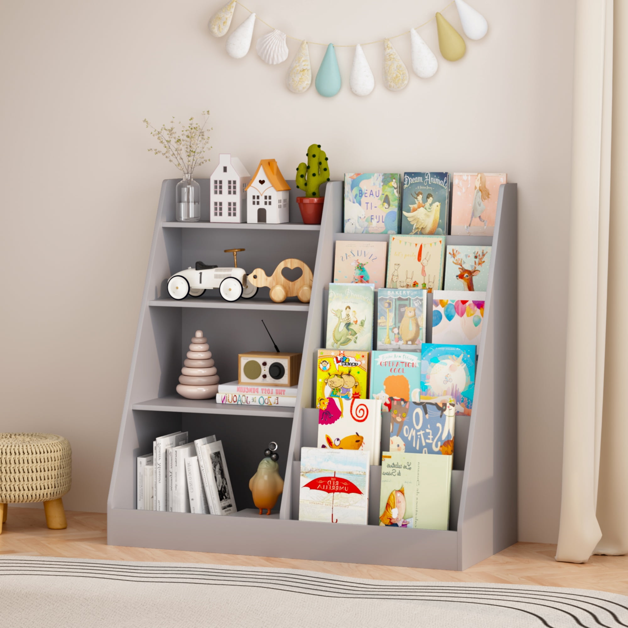 4-Tier Kids Bookshelf and Toy Storage Organizer, Wooden Bookcase Display Stand for Playroom and Nursery, Gray