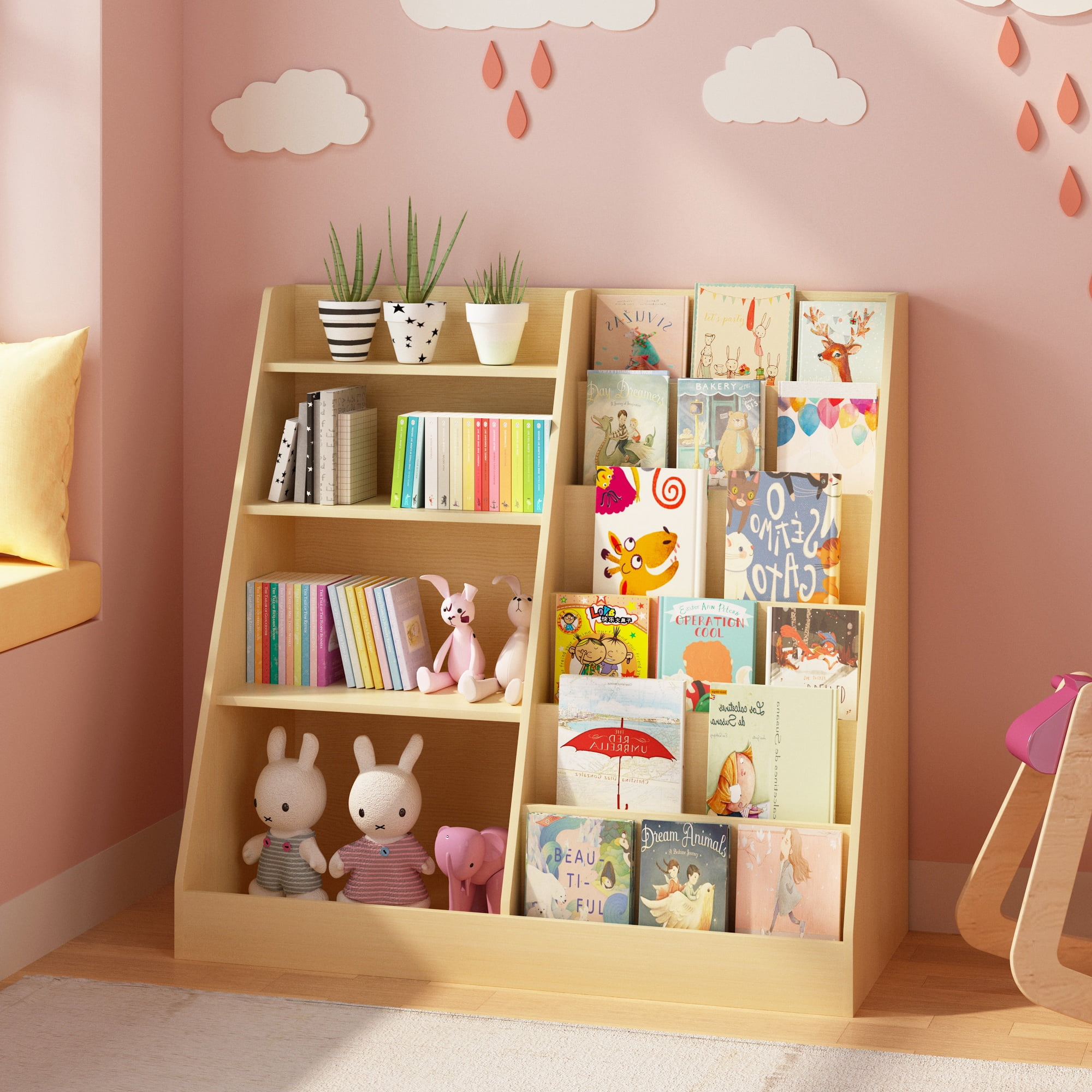 4-Tier Kids Bookshelf and Toy Storage Organizer, Wooden Bookcase Display Stand for Playroom and Nursery, Natural