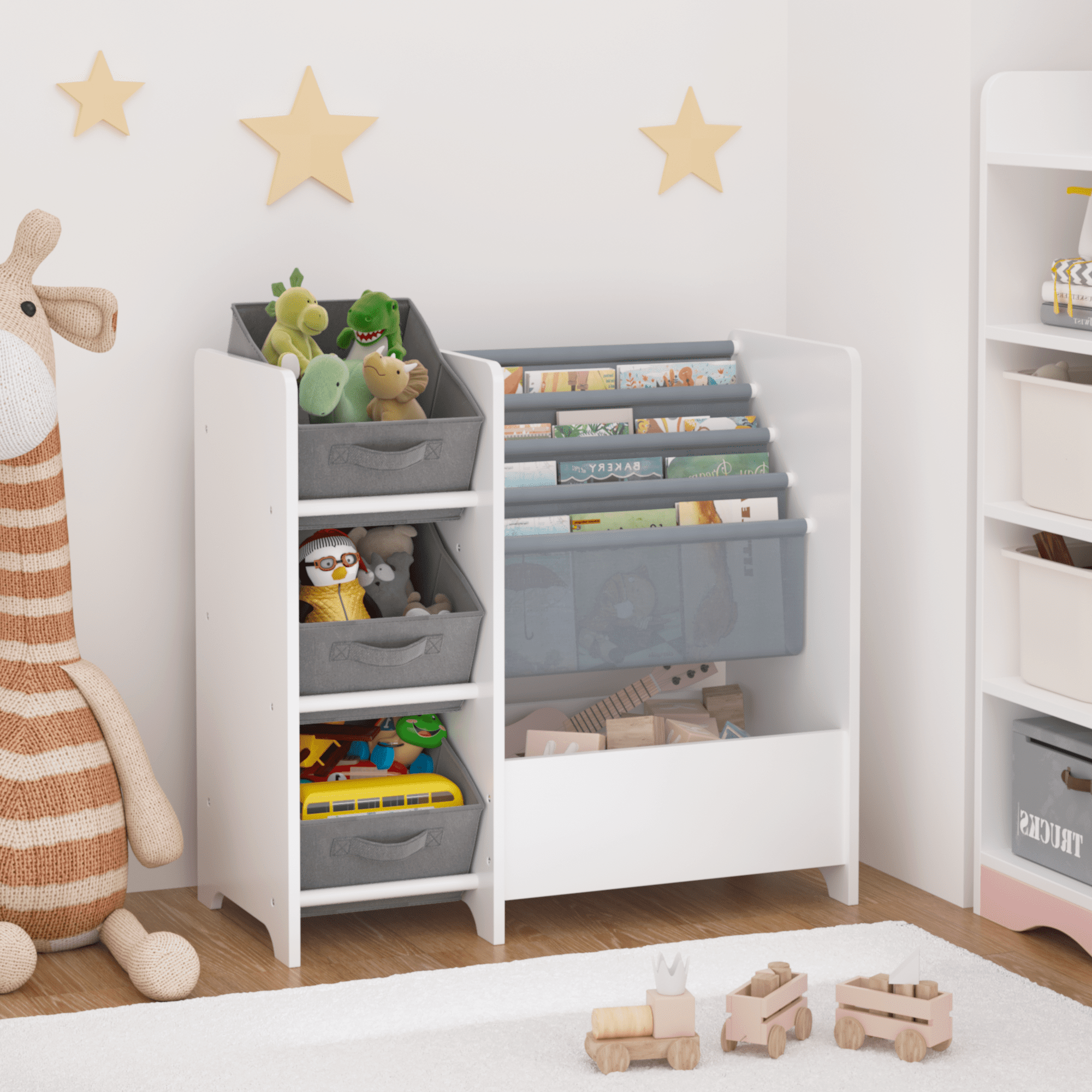 4-Tier Kids Bookshelf with 3 Fabric Drawers - White Toy & Book Storage Organizer for Nursery (25.59" X 11.81")