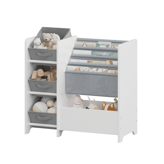 4-Tier Kids Bookshelf with 3 Fabric Drawers - White Toy & Book Storage Organizer for Nursery (25.59" x 11.81")