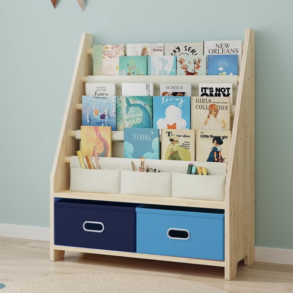 4 Tier Kids Bookshelf with Storage Bins, Solid Wood Toddler Book Shelf and Toy Organizer, Sling Book Rack for Kids Room, Nursery, Playroom, Blue