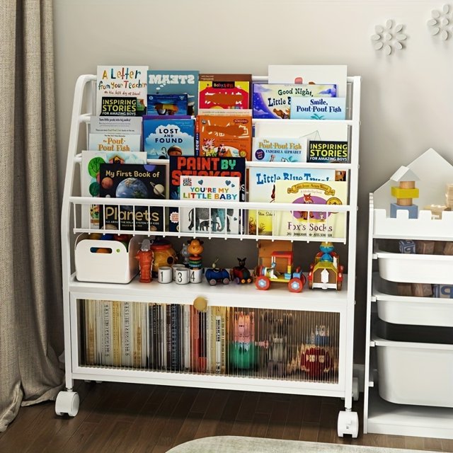 4 Tier Kids Wooden Bookshelf, Five Layer Sling Bookcase, Baby Storage