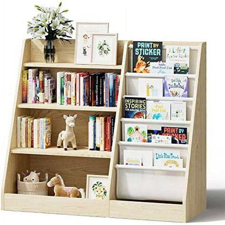 Wood Kids Sling Book Shelf Storage Rack Organizer Color Pockets