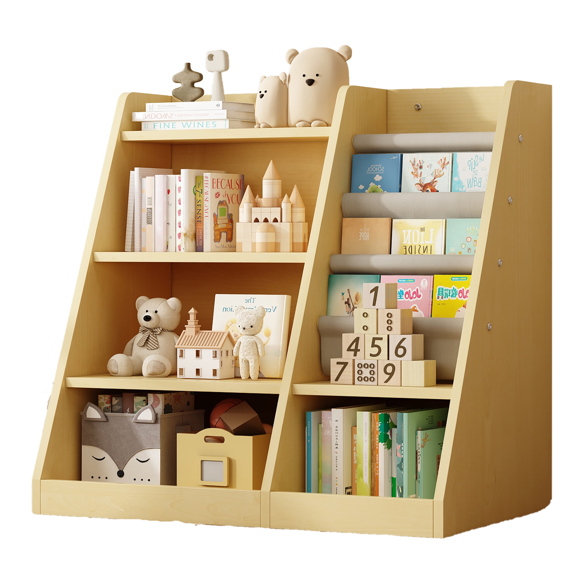 4 Tier Kids Wooden Bookshelf,Four Layer Sling Toddler Front Facing Bookcase,Baby Kids Storage