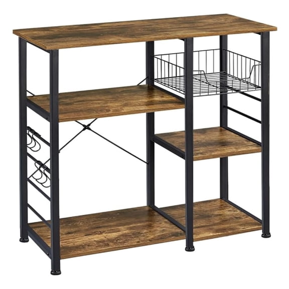4-Tier Kitchen Baker's Rack, Coffee Bar Microwave Stand Cart with Wire Basket & 6 Side , Kitchen Organizer Shelf for Spices/Utensils Foods, Rustic Brown