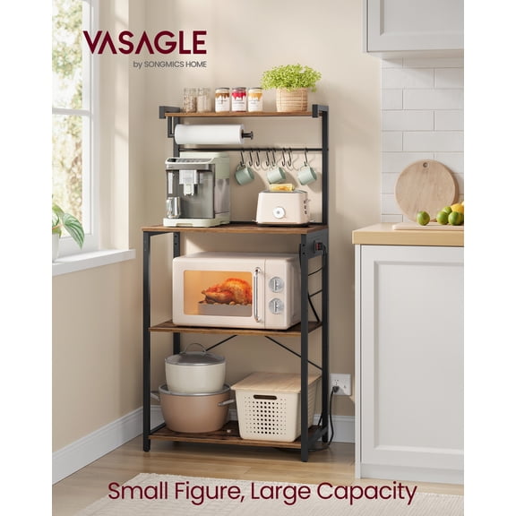 4-Tier Kitchen Baker's Rack with Power Outlet & Adjustable Shelf, Microwave Stand with 8 S-Hooks & Paper Towel Holder, Space-Saving Storage for Small Kitchens, Rustic Brown