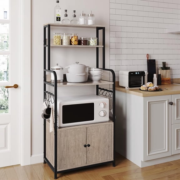 4-Tier Kitchen Bakers Rack with Storage Cabinet and Hutch, Microwave Oven Stand Coffee Bar Pantry Cabinet with 8 S Hooks, Freestanding Kitchen Shelves Spice Rack, Gray