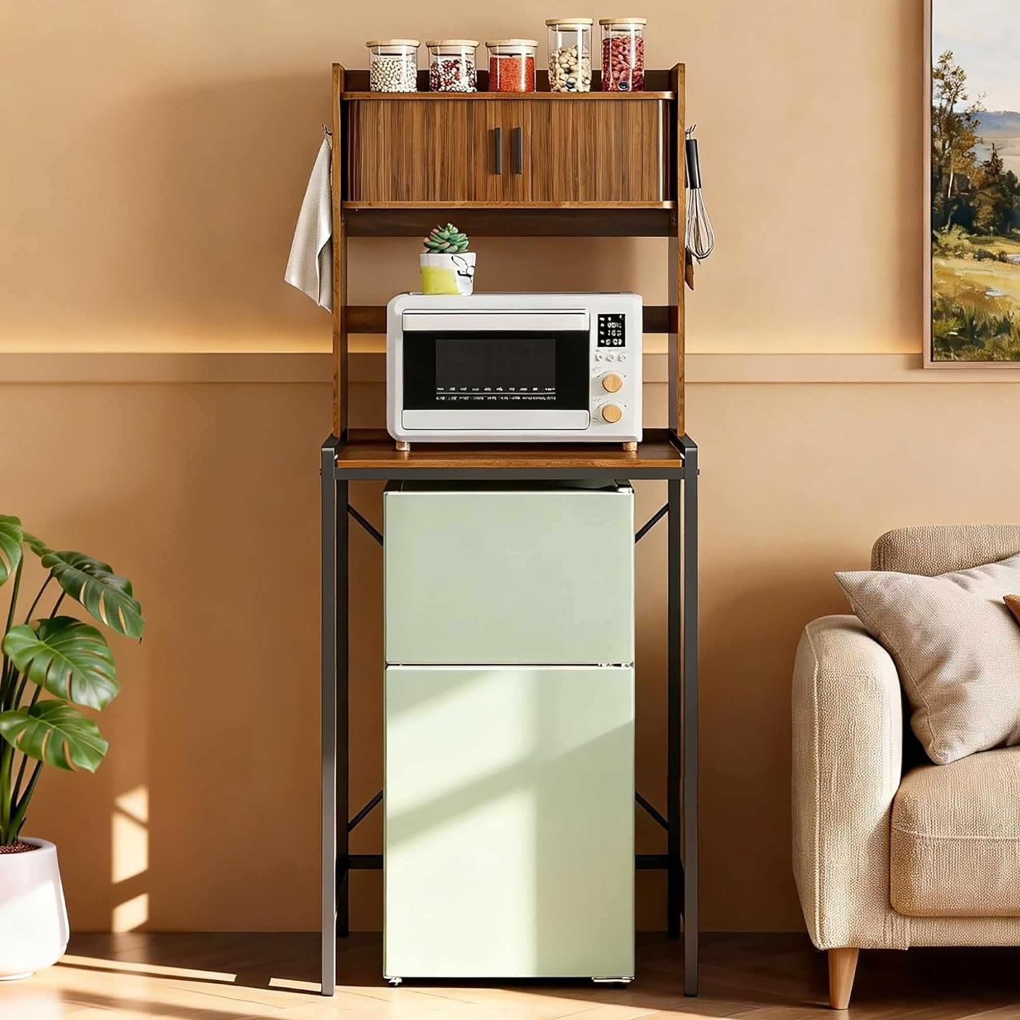 4-Tier Kitchen Bakers Rack with Mini Fridge Stand, Microwave Stand with 6 Hooks and Sliding Doors Storage for Kitchen, Dining Room, Walnut