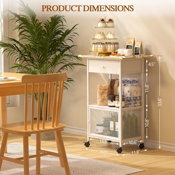 4 Tier Kitchen Island with Cabinet, Microwave Cart with Storage, Small Rolling Kitchen Cart with Drawer, Coffee Bar Station on Wheels for Living Room, White