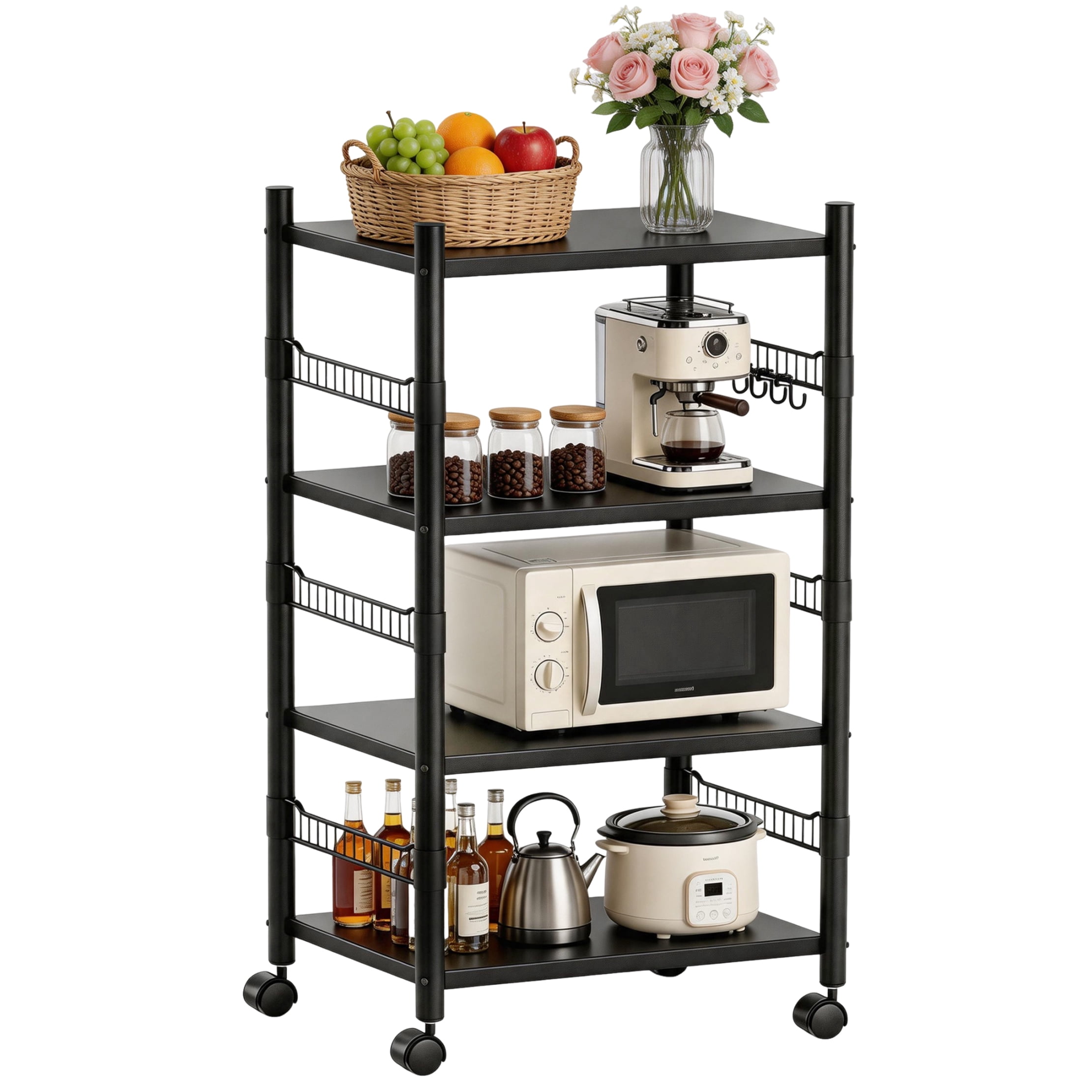4 Tier Rolling Storage Cart, Metal Kitchen Storage Rack with Wheels, Multifunctional Adjustable Utility Shelving Unit, Mobile Organizer Shelf for Kitchen, Bathroom, Pantry & Laundry Room