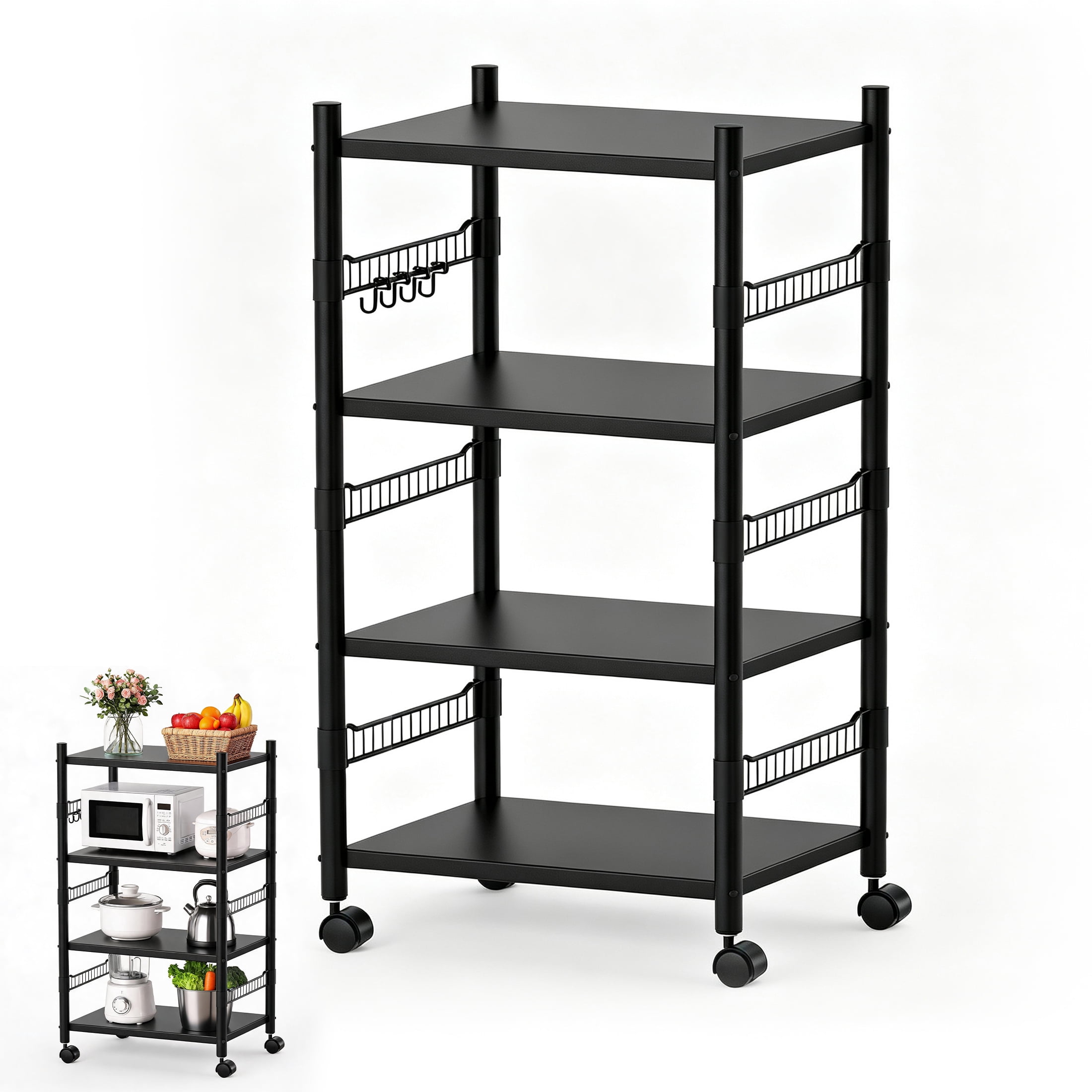 4 Tier Rolling Storage Cart, Metal Kitchen Storage Rack with Wheels, Multifunctional Adjustable Utility Shelving Unit, Mobile Organizer Shelf for Kitchen, Bathroom, Pantry & Laundry Room