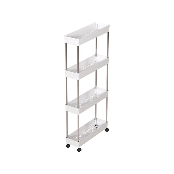 4-Tier Kitchen Shelving Unit with Wheels - Slim Space-Saving Rolling Rack for Bathroom and Living Room Storage, Durable ABS Plastic and Stainless Steel, Versatile Organizer for Household Needs,White