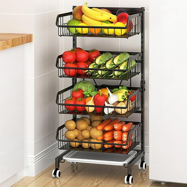 4-Tier Kitchen Snack Cart with Wheels – Versatile Rolling Storage Cart for Pantry, Utility Rooms – Adjustable Metal Wire Fruit & Vegetable Basket Rack (Black Without cart Handle, 4-Tier)