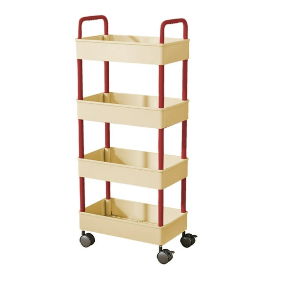 4-Tier Kitchen Storage Cart Armrests Wheels, Multi-Purpose Organizer Rack Bathroom Living Room, Plastic Utility Cart Ventilated Shelves, Mobile Home Storage Solution in Red Pink Yellow White