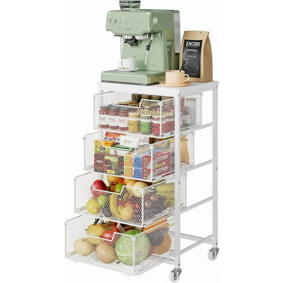 4-Tier Kitchen Storage Cart - Fruit Vegetable Storage Cart with Drawers, Wooden Top Metal Wire Kitchen Organizer and Storage Cart with Wheels to Storage Onions Potatoes Cans Snacks for Kitchen