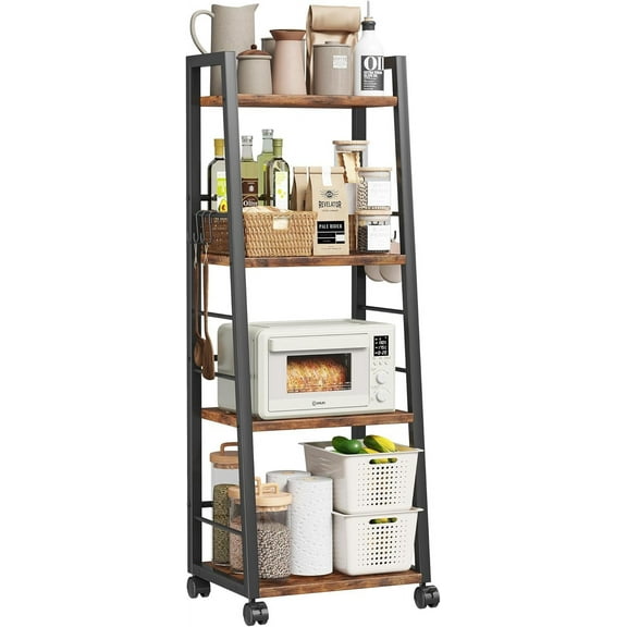 4 Tier Kitchen Storage Cart with Lockable Wheels & 6 Hooks, Mobile Utility Organizer Rolling Cart for Small Spaces, Bar Cart for Kitchen and Living Room, Rustic Brown