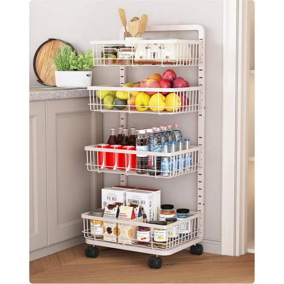 4-Tier Kitchen Storage Cart Metal Snack Cart Adjustable Fruit Basket on Wheels Stand Baskets for Potato Onion Produce Black