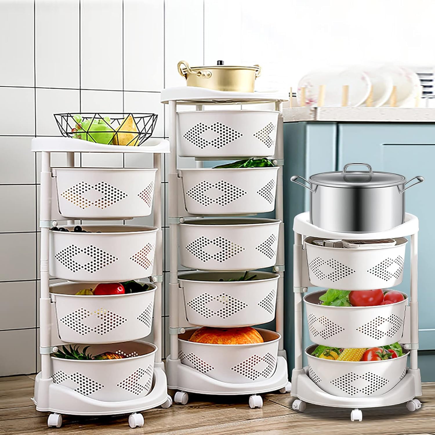 4 Tier Kitchen Storage Cart Multi-Layer Storage Basket with Wheels ...